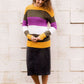 Women's Modest Boat-neck Sweater in Mustard, Olive and Purple stripe