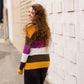 Women's Modest Boat-neck Sweater in Mustard, Olive and Purple stripe
