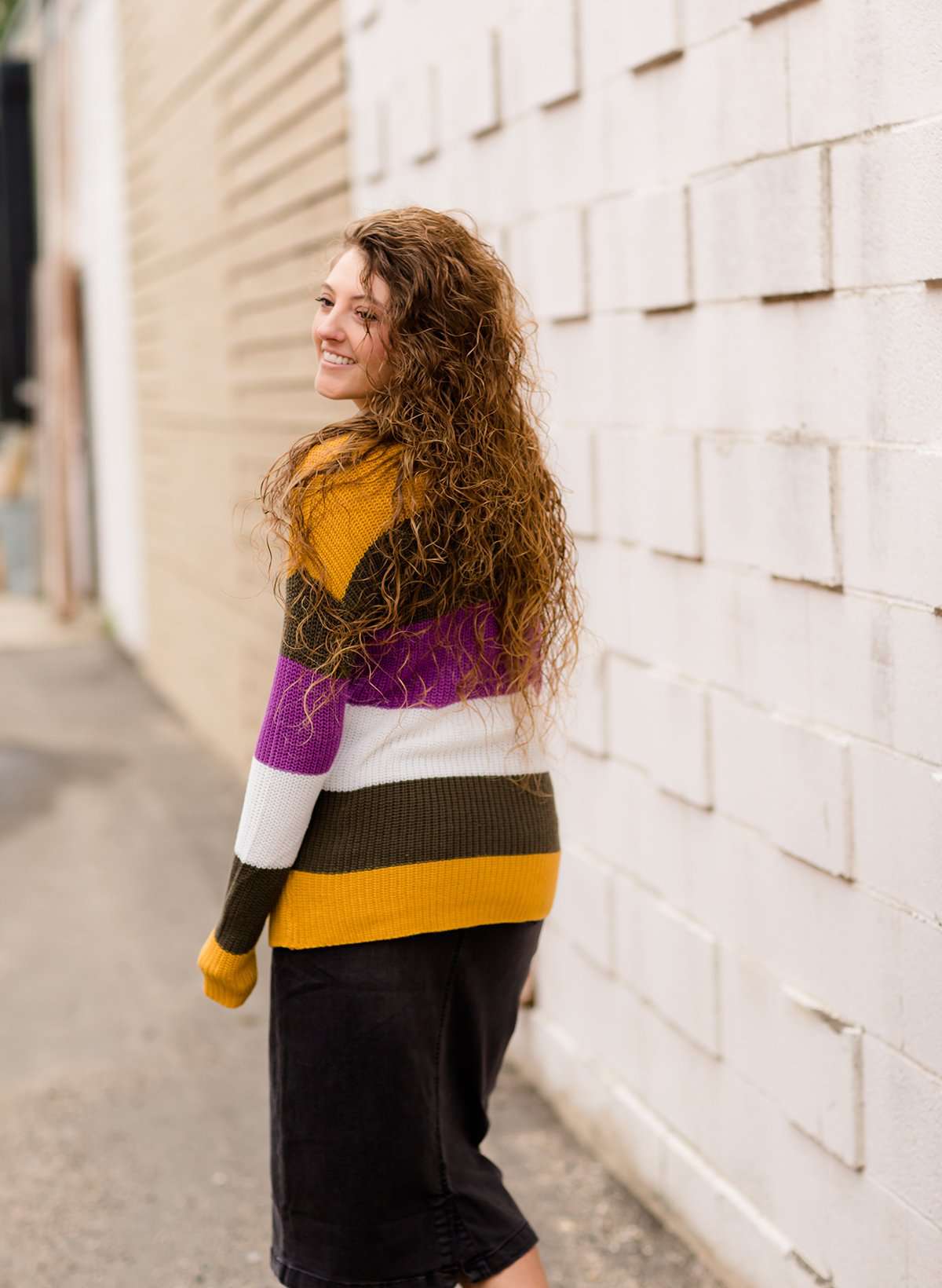 Women's Modest Boat-neck Sweater in Mustard, Olive and Purple stripe
