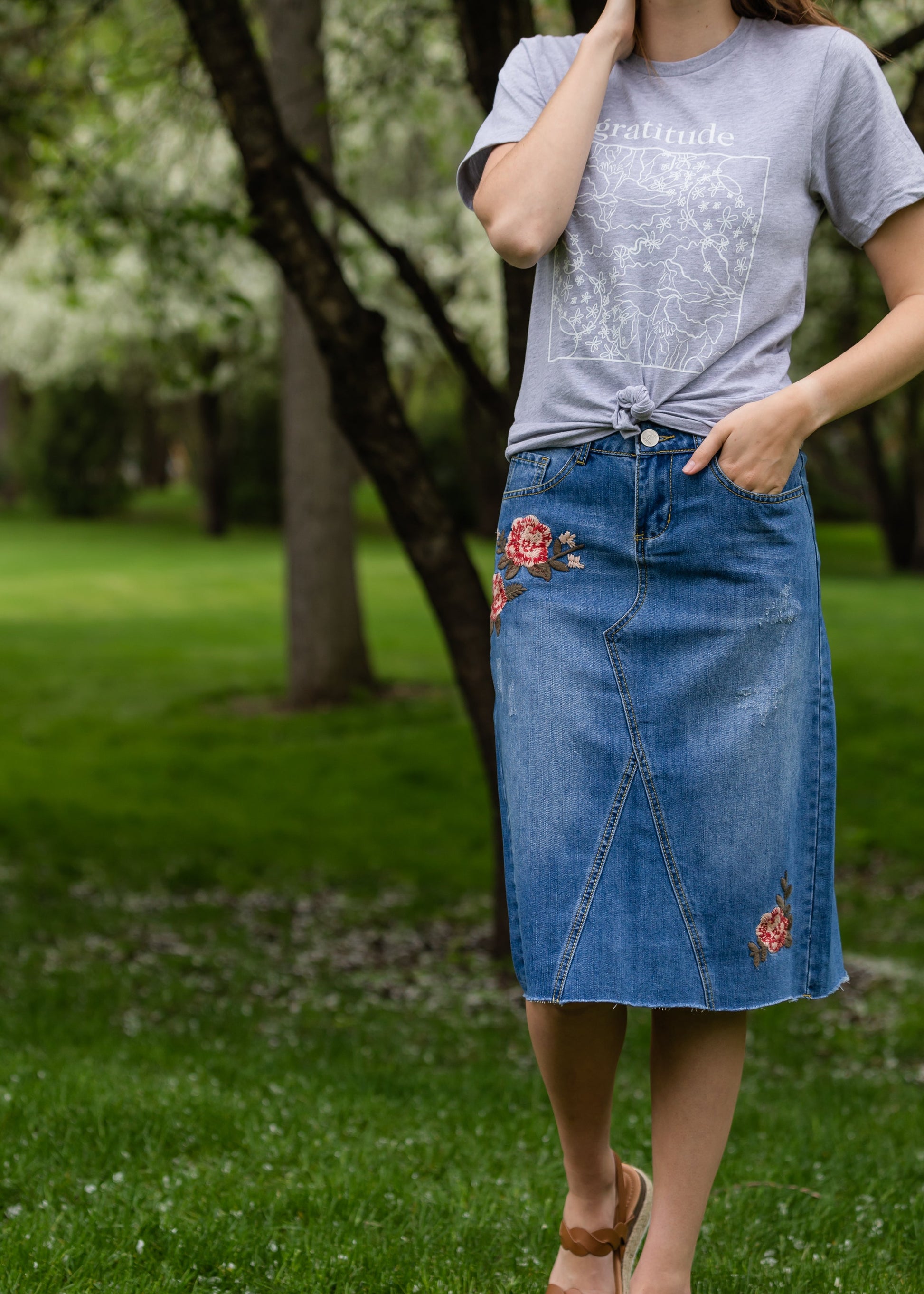 Blossom Embroidered Distressed Midi Denim Skirt - FINAL SALE Skirts