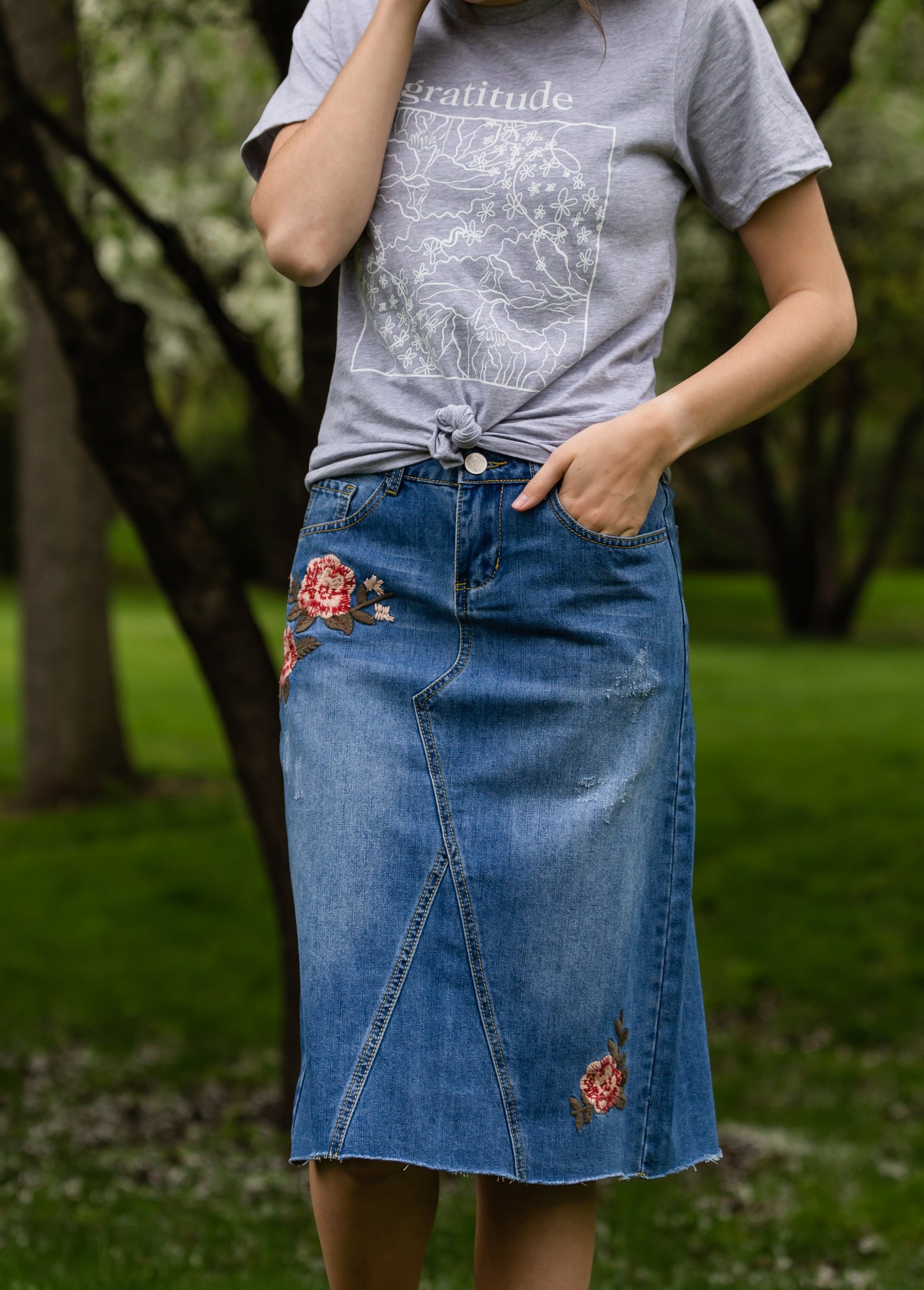 Blossom Embroidered Distressed Midi Denim Skirt - FINAL SALE Skirts