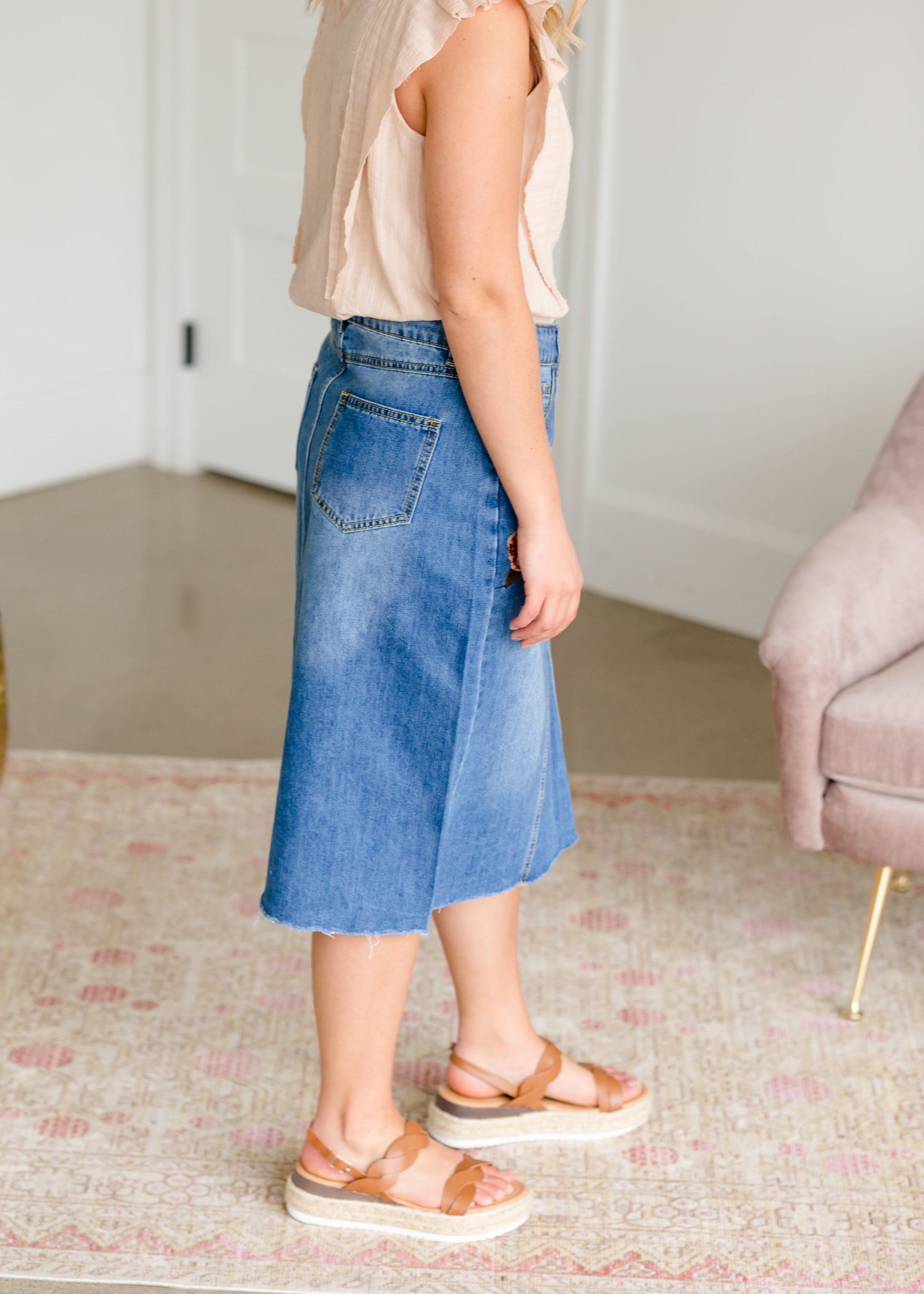 Blossom Embroidered Distressed Midi Denim Skirt - FINAL SALE Skirts