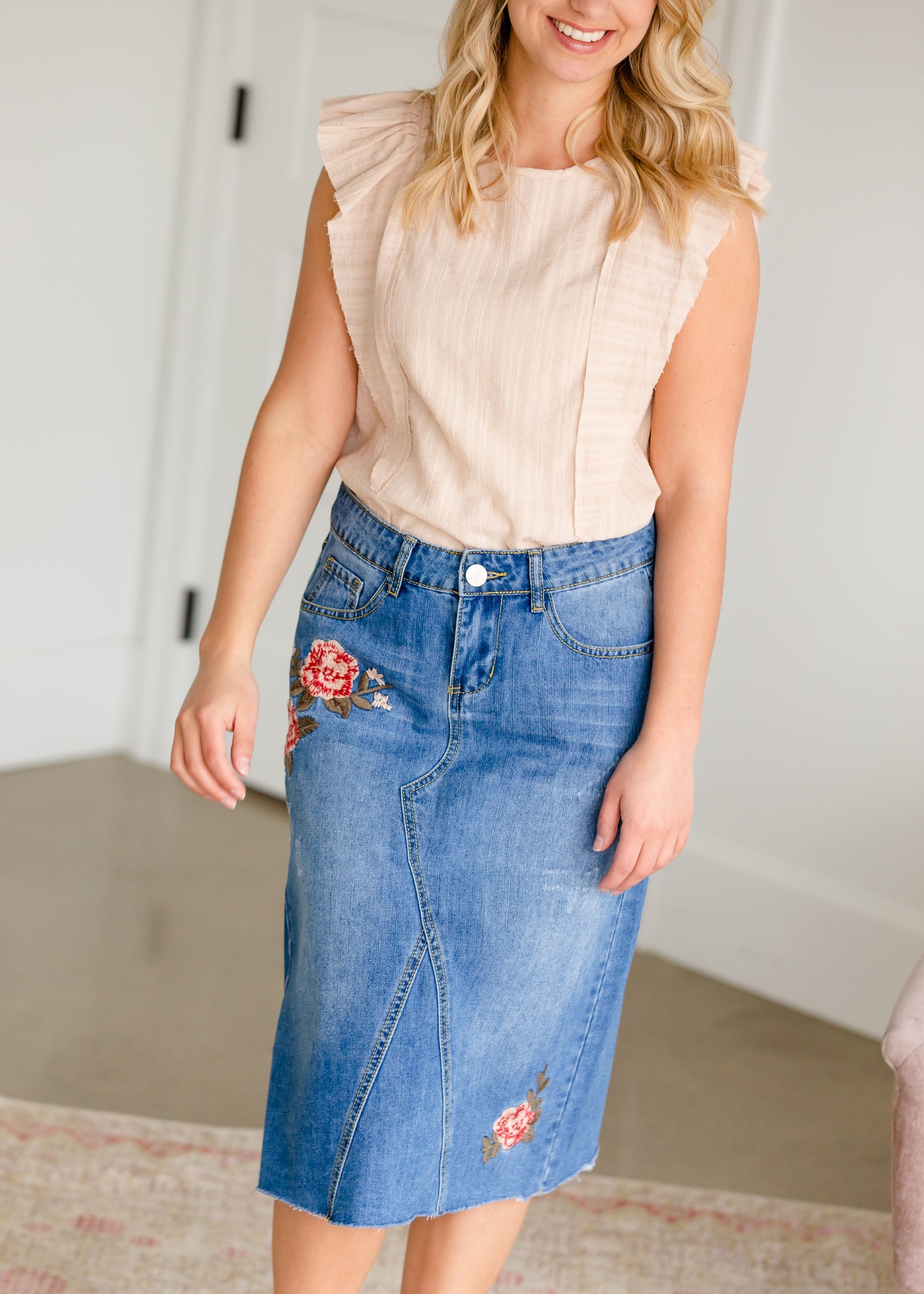 Blossom Embroidered Distressed Midi Denim Skirt - FINAL SALE Skirts