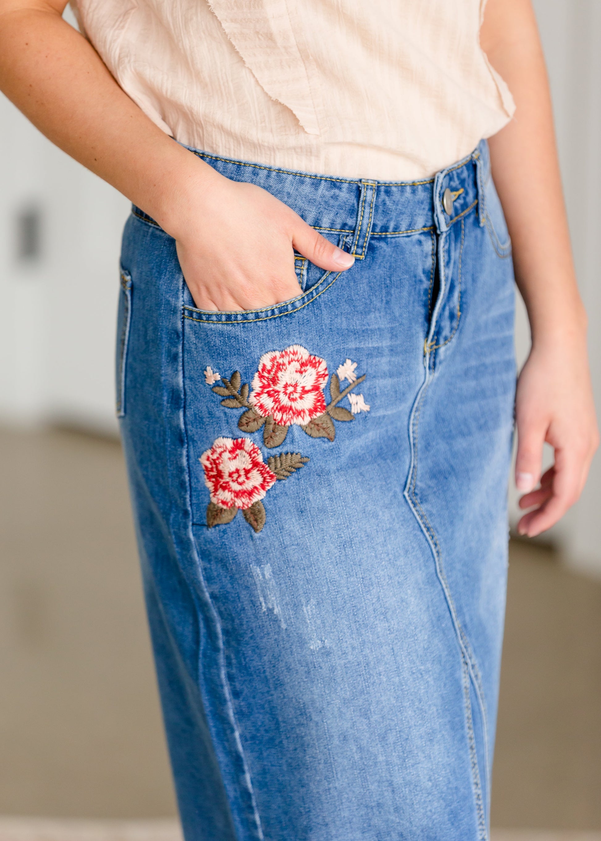 Blossom Embroidered Distressed Midi Denim Skirt - FINAL SALE Skirts