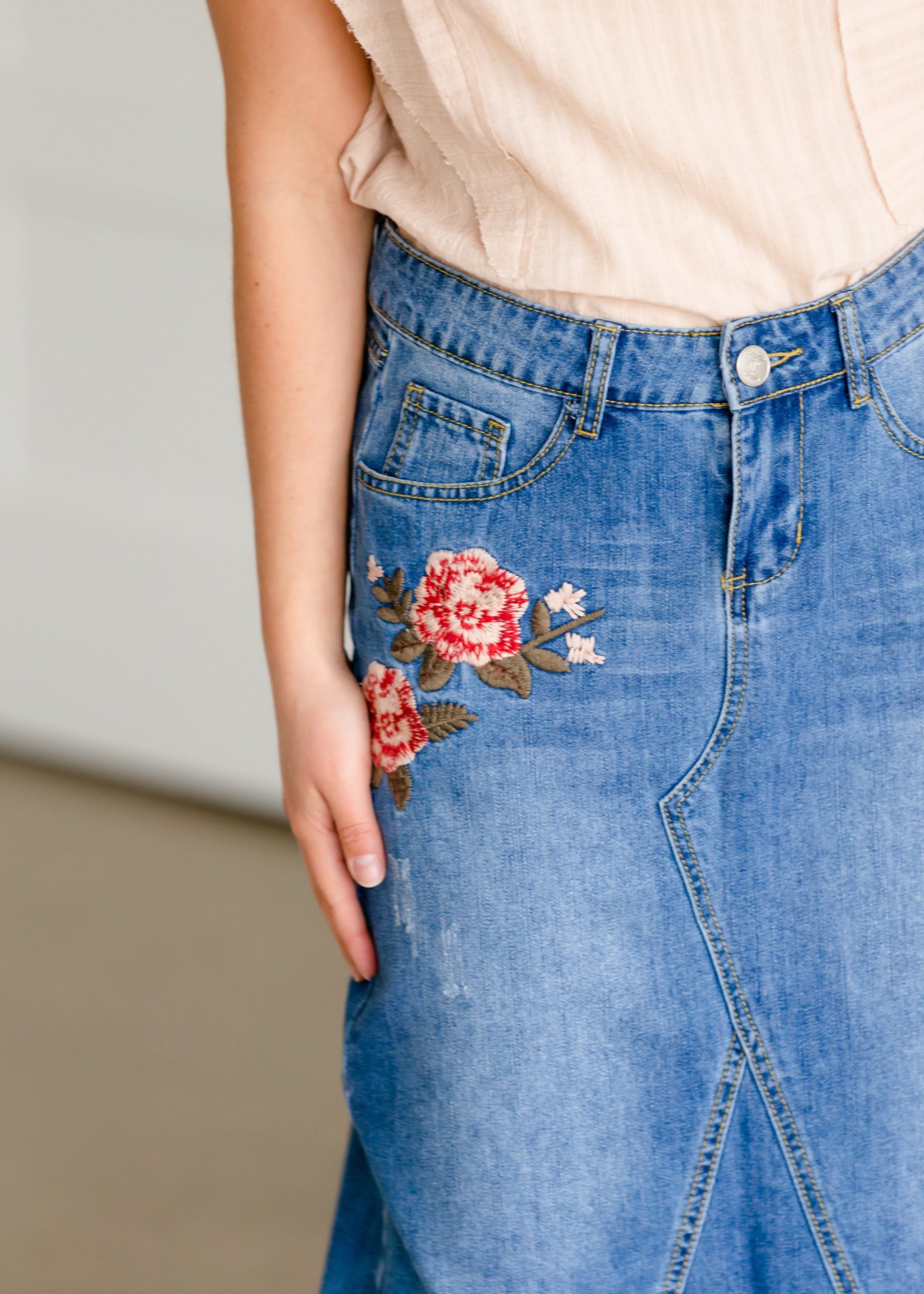 Blossom Embroidered Distressed Midi Denim Skirt - FINAL SALE Skirts