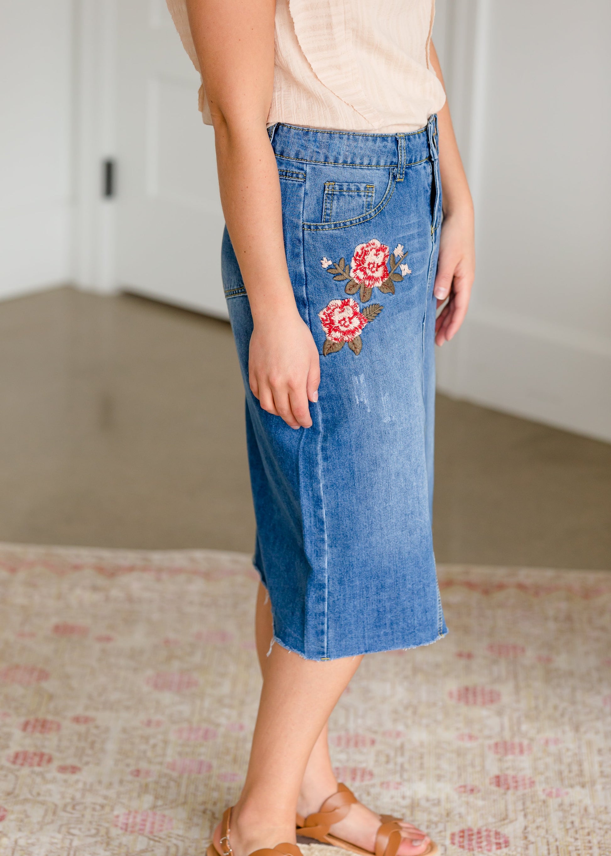 Blossom Embroidered Distressed Midi Denim Skirt - FINAL SALE Skirts