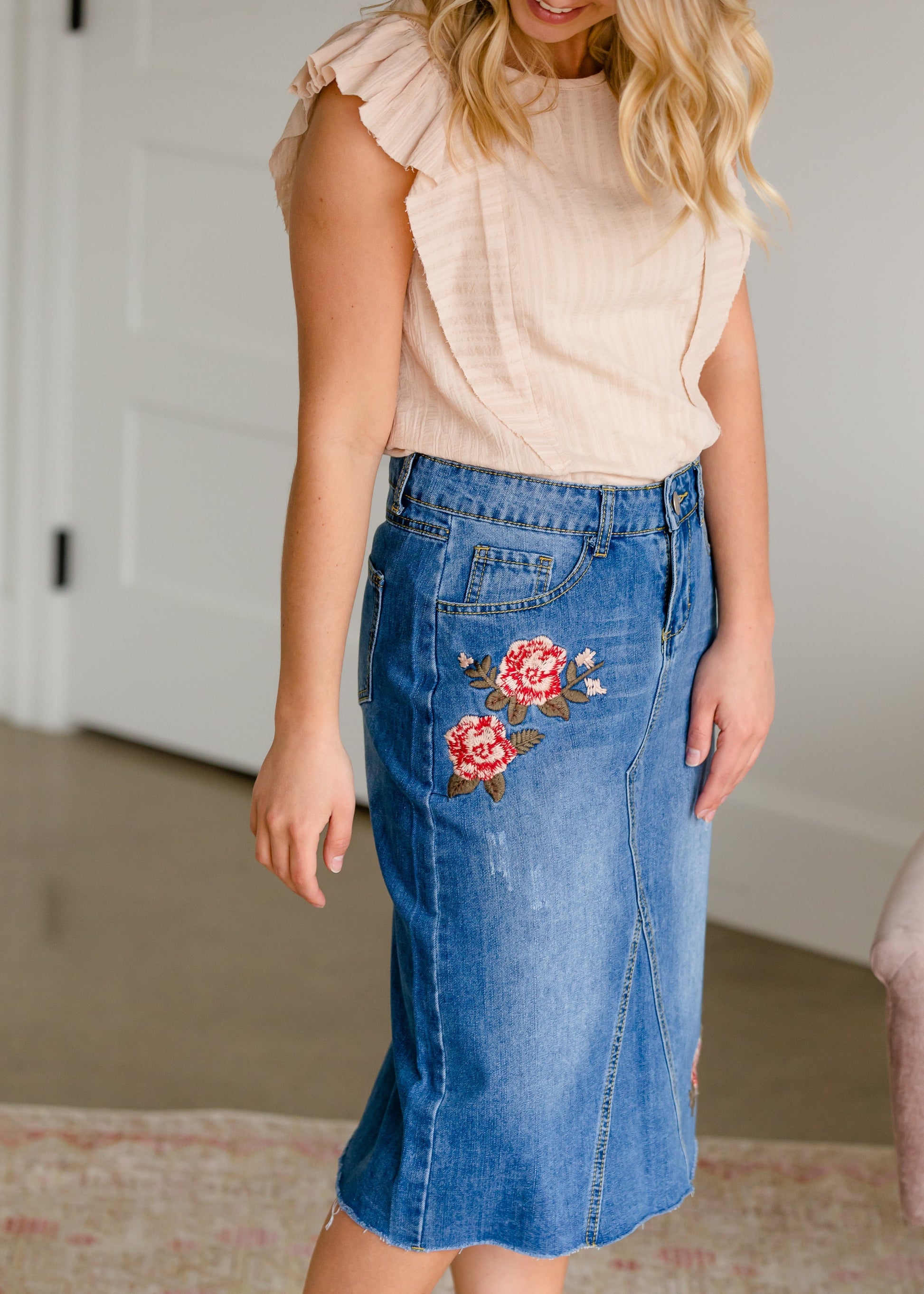 Blossom Embroidered Distressed Midi Denim Skirt - FINAL SALE Skirts