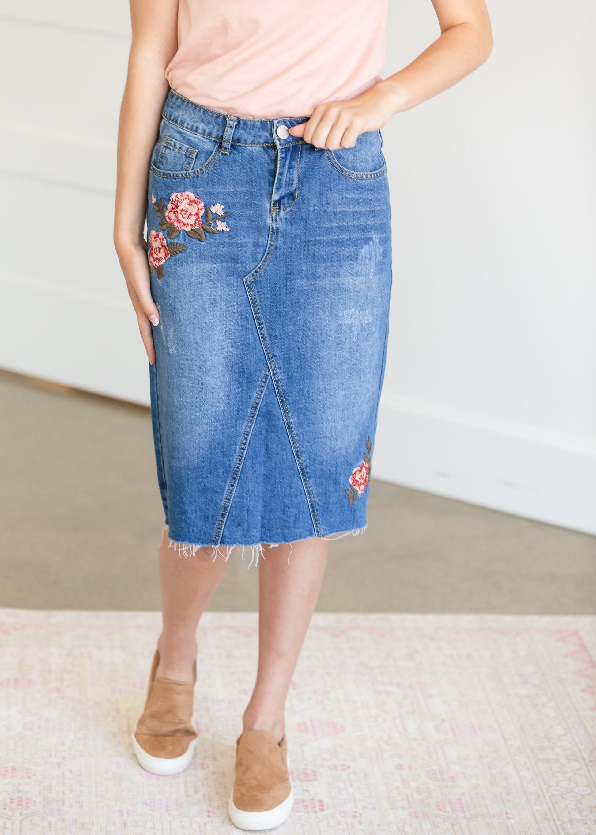 Blossom Embroidered Distressed Midi Denim Skirt - FINAL SALE Skirts