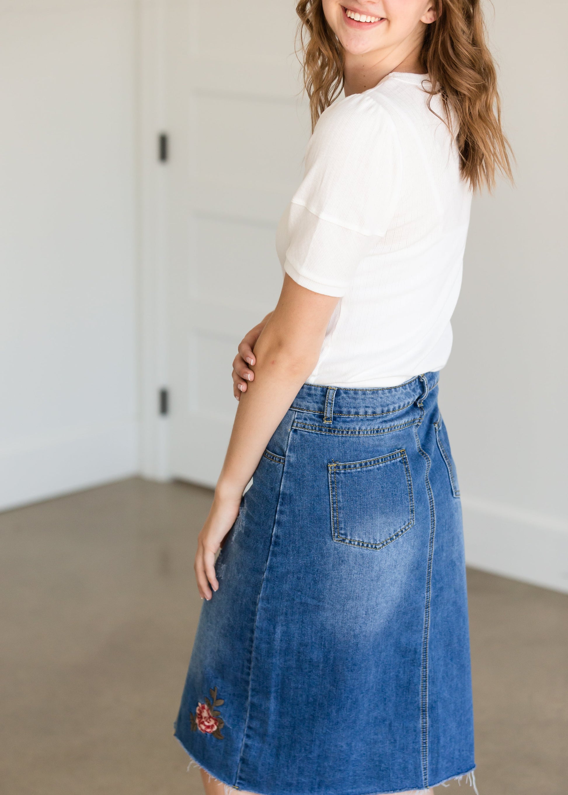 Blossom Embroidered Distressed Midi Denim Skirt - FINAL SALE Skirts