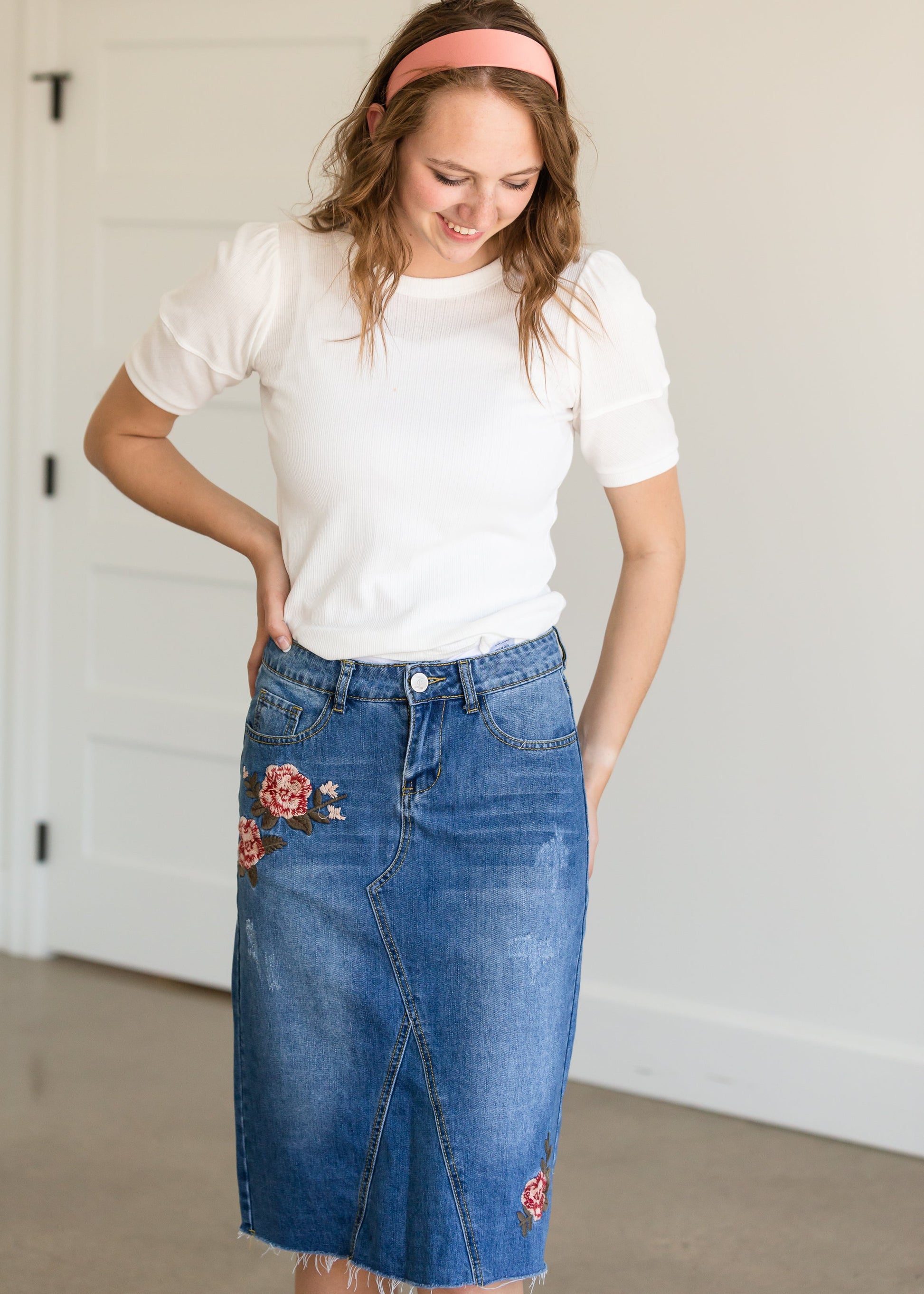 Blossom Embroidered Distressed Midi Denim Skirt - FINAL SALE Skirts