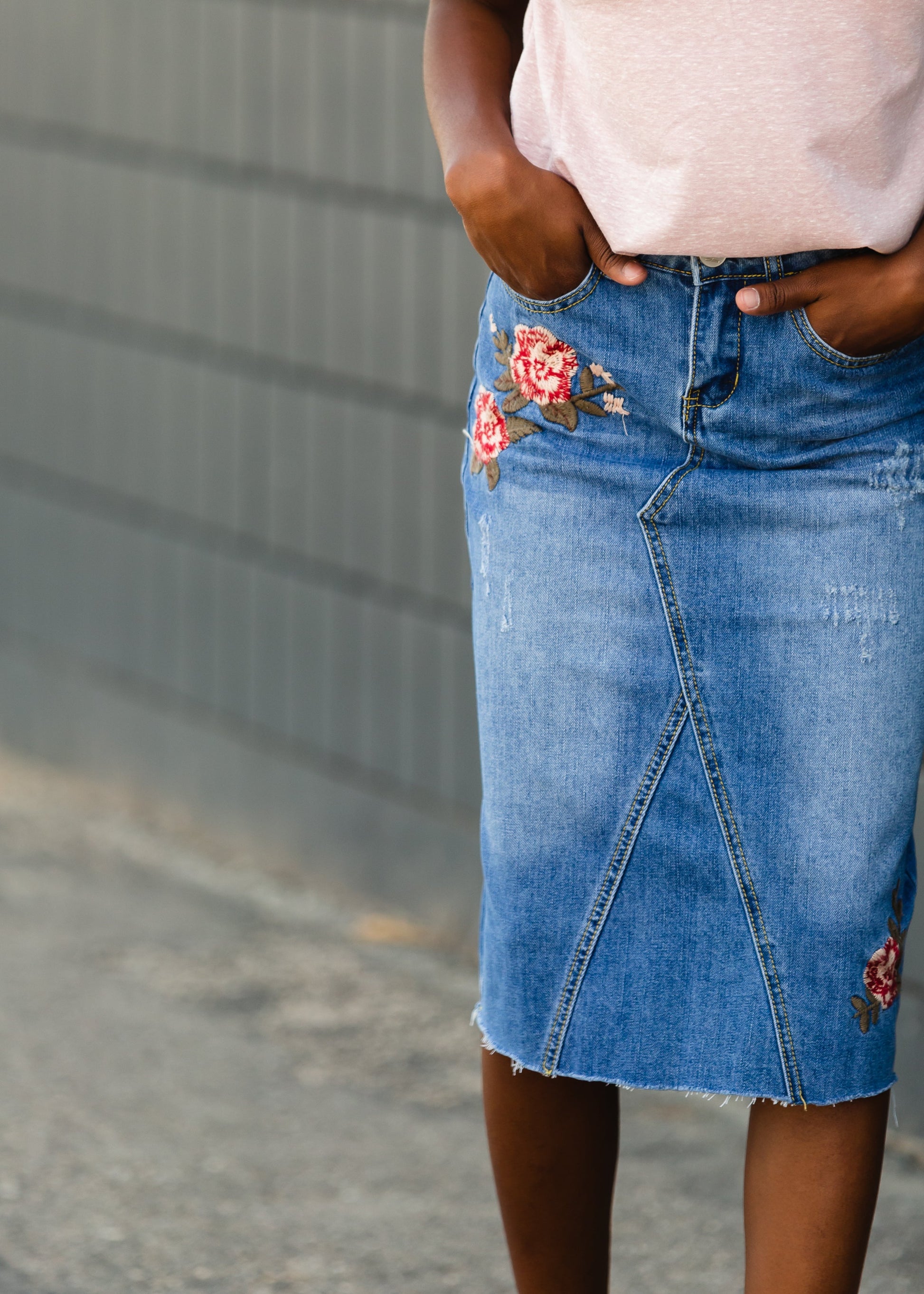 Blossom Embroidered Distressed Midi Denim Skirt - FINAL SALE Skirts