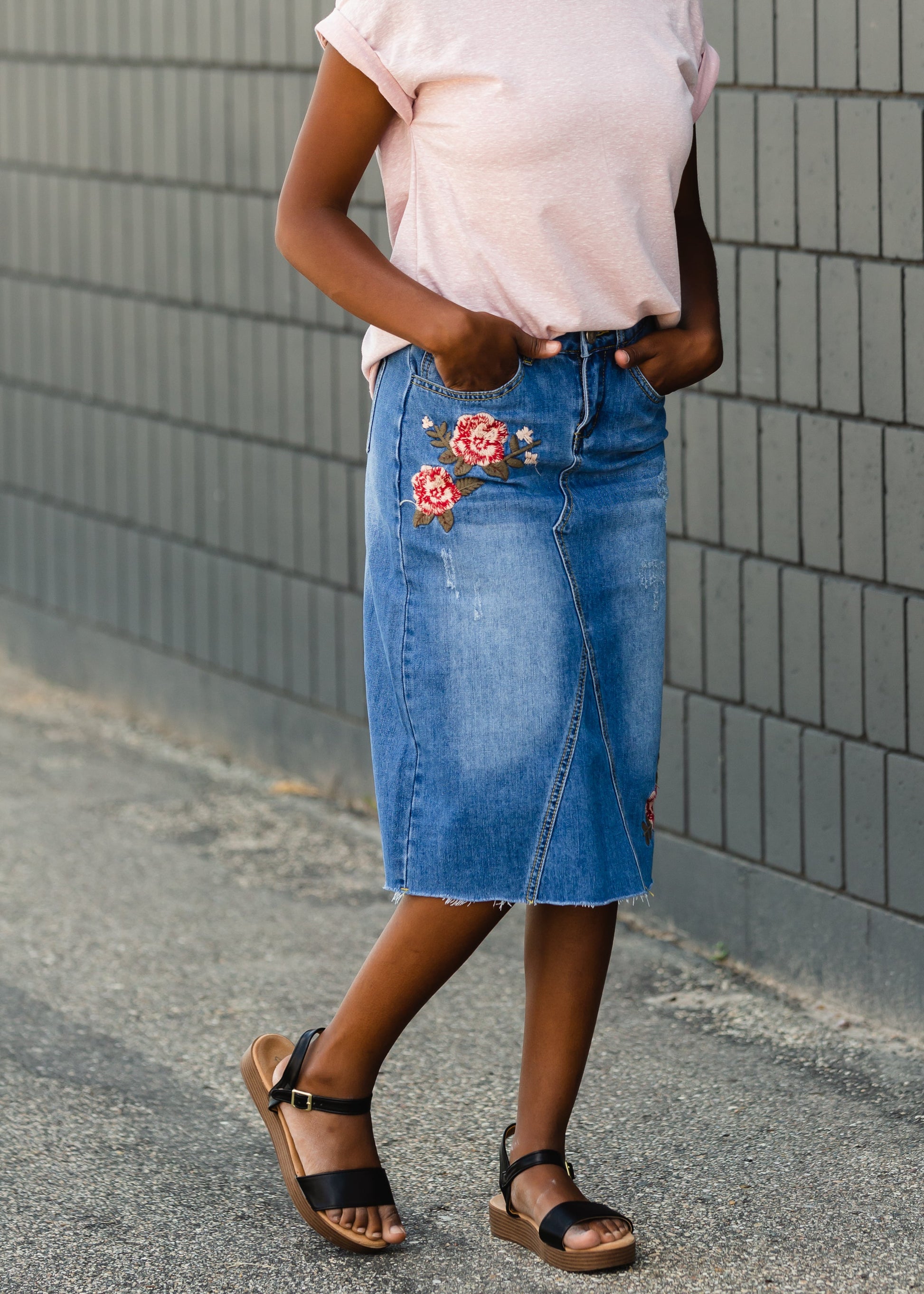 Blossom Embroidered Distressed Midi Denim Skirt - FINAL SALE Skirts