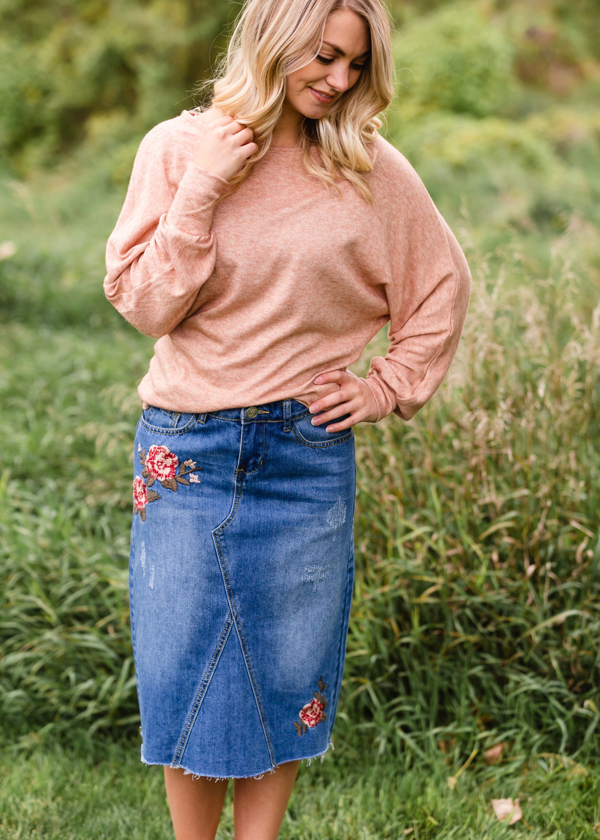 Blossom Embroidered Distressed Midi Denim Skirt - FINAL SALE Skirts