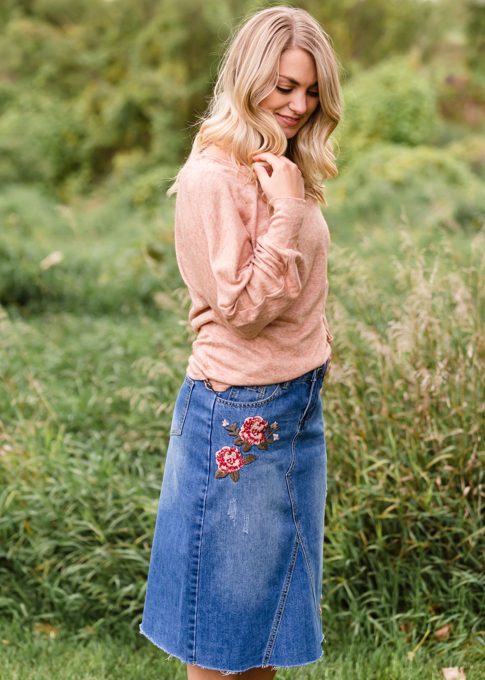 Blossom Embroidered Distressed Midi Denim Skirt - FINAL SALE Skirts