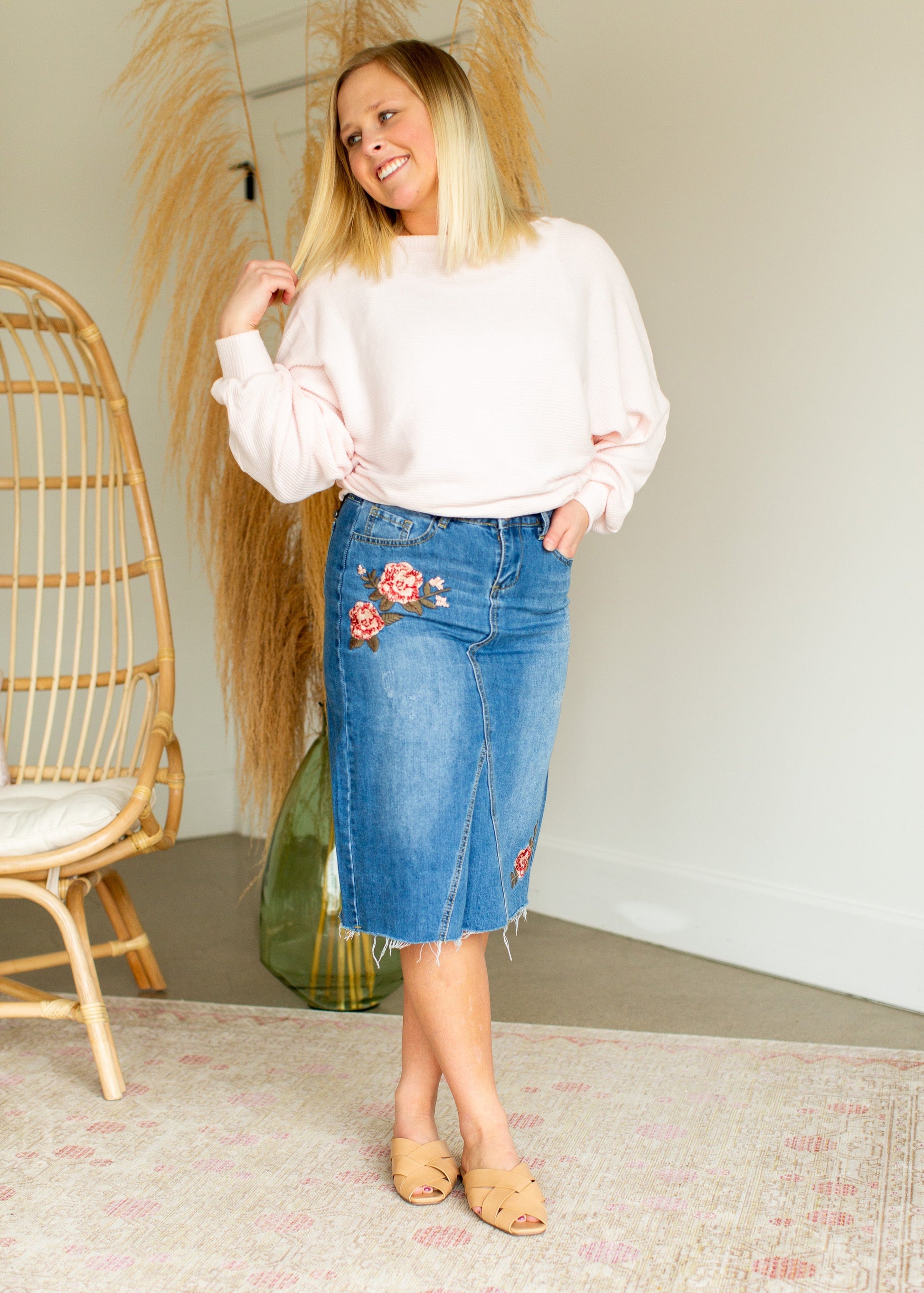 Blossom Embroidered Distressed Midi Denim Skirt - FINAL SALE Skirts