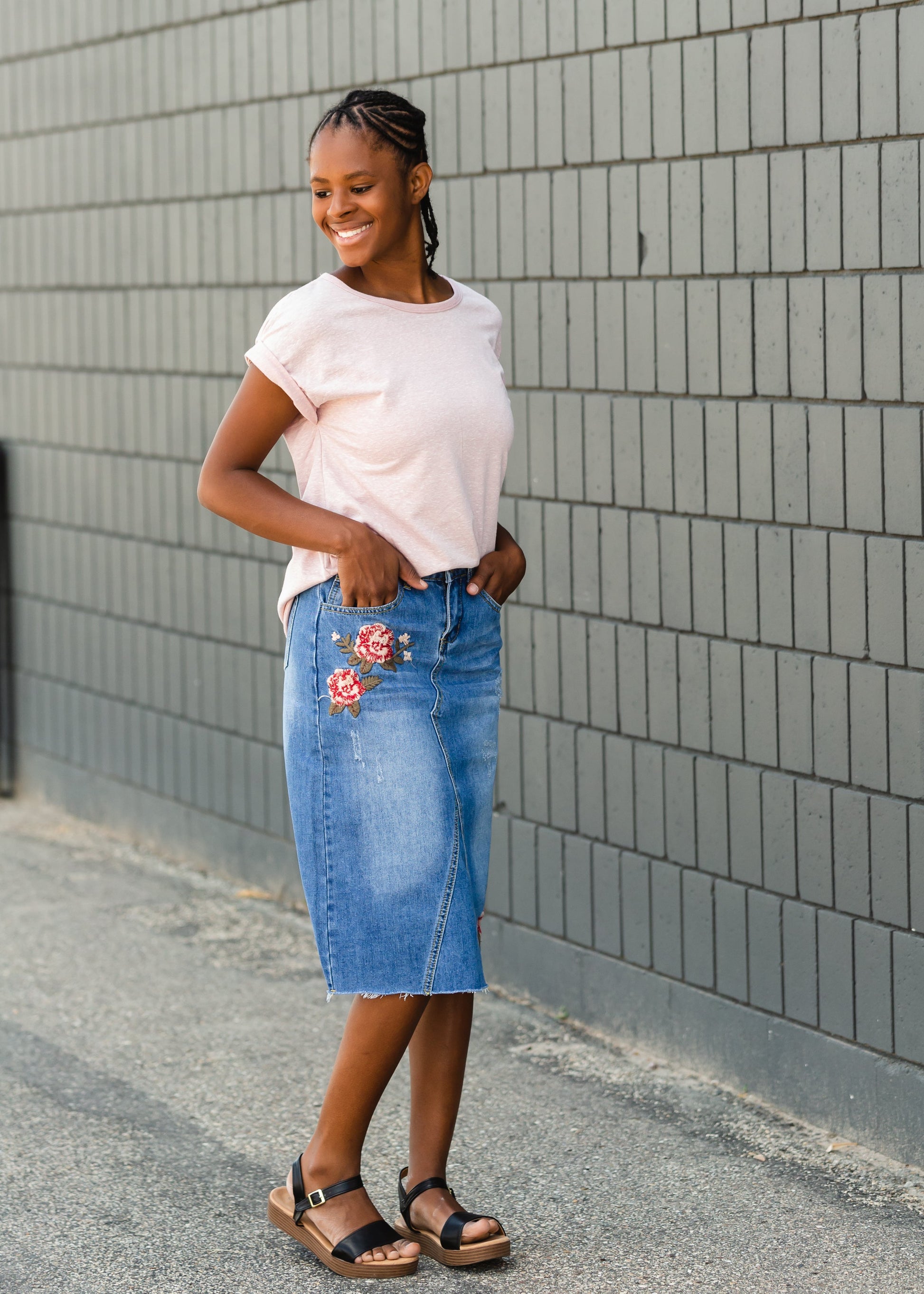 Blossom Embroidered Distressed Midi Denim Skirt - FINAL SALE Skirts 24