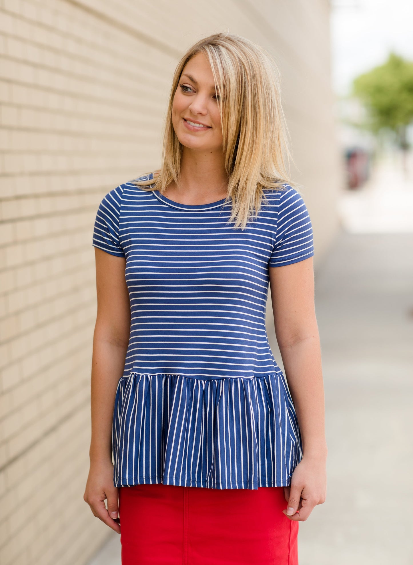 Blue and White Striped Peplum Top Tops