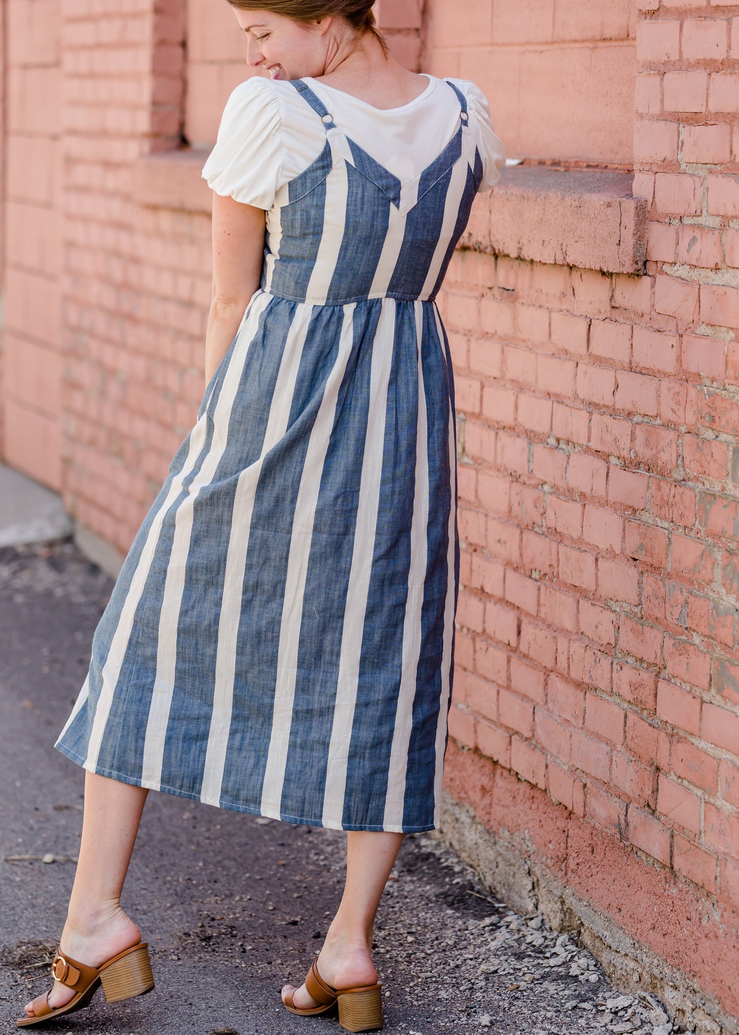 Blue Button Detail Stripe Midi Dress - FINAL SALE Dresses