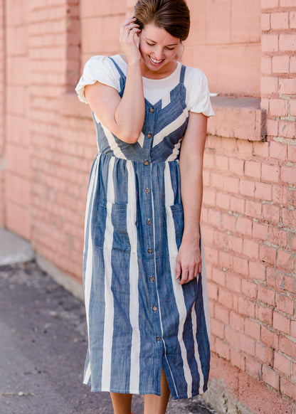 Blue Button Detail Stripe Midi Dress - FINAL SALE Dresses