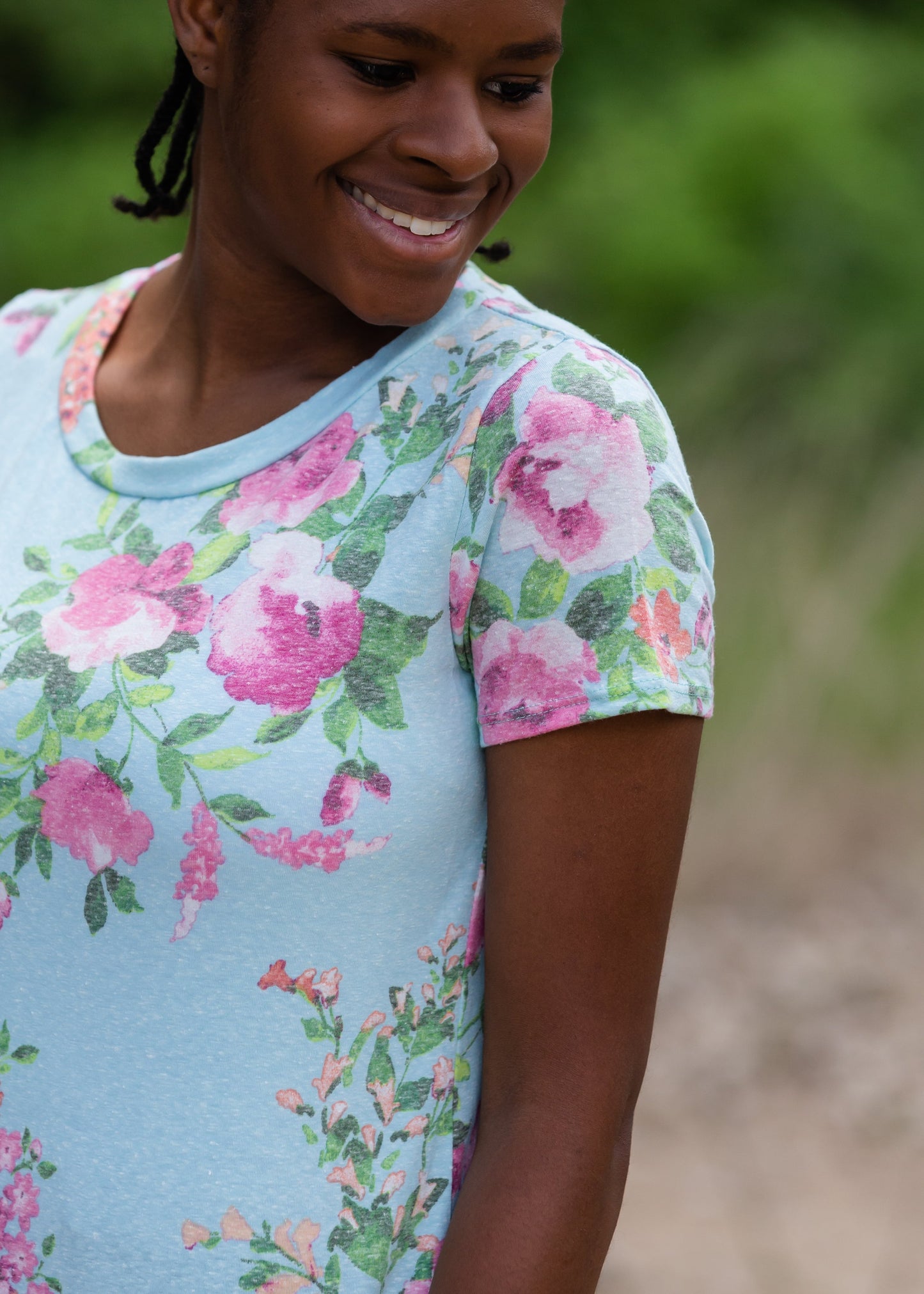 Blue Floral Print Short Sleeve Top Tops