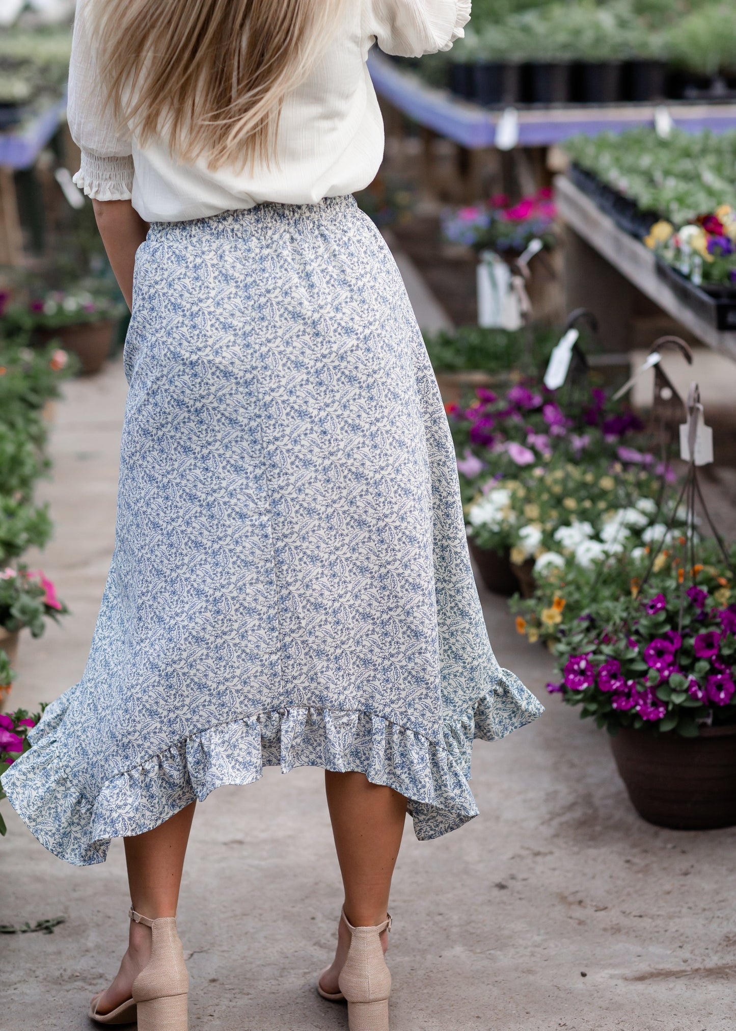 Blue Ruffle Hem Ditsy Print Midi Skirt Skirts Hayden