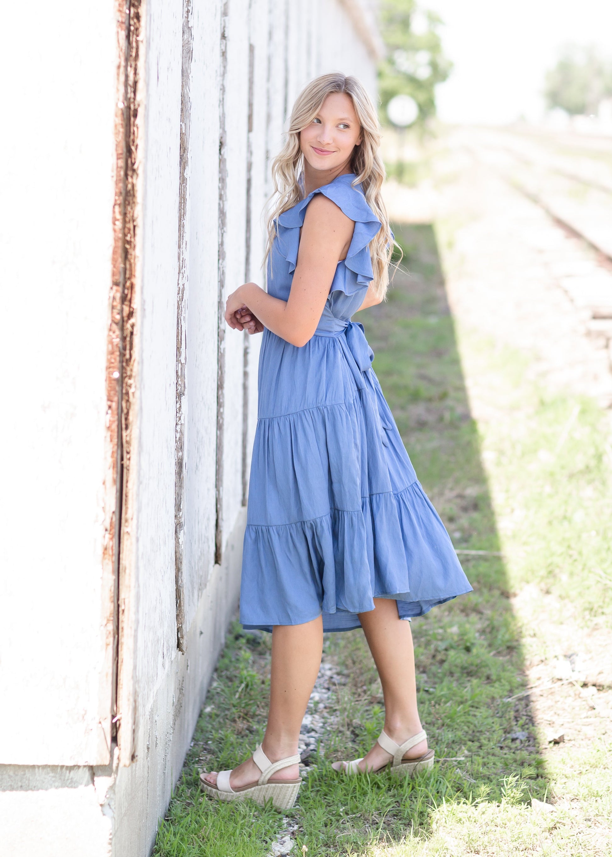Blue Ruffle Sleeve Midi Dress Dresses