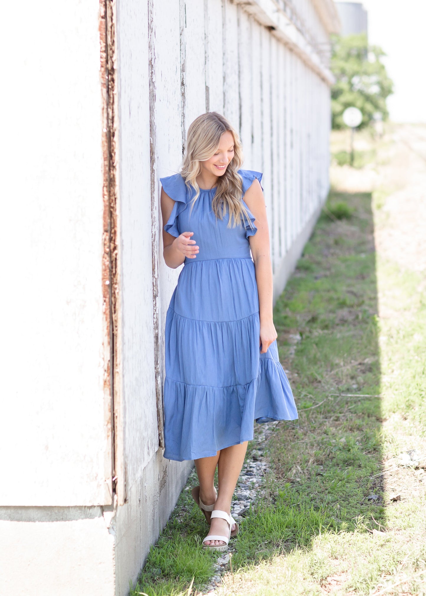 Blue Ruffle Sleeve Midi Dress Dresses