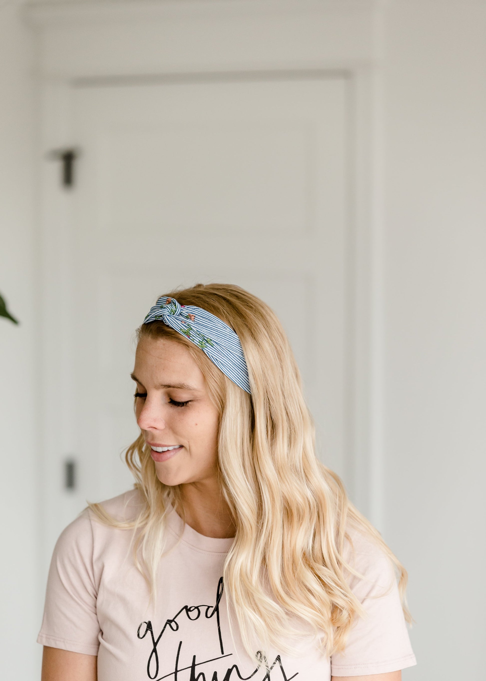 Blue Stripe + Floral Knotted Headband Accessories