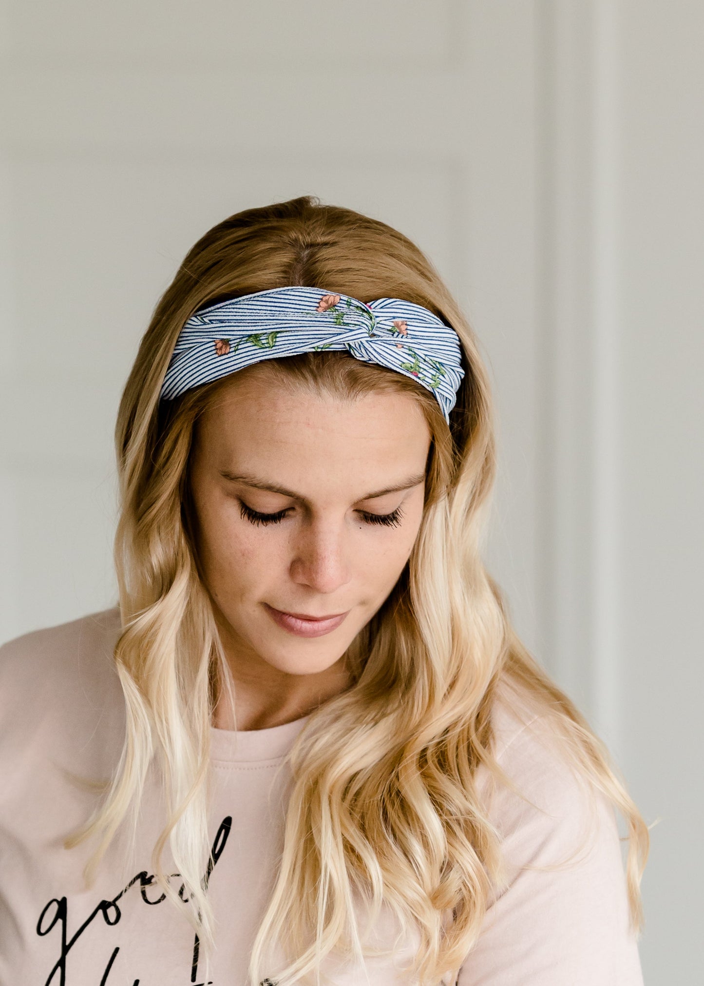 Blue Stripe + Floral Knotted Headband Accessories