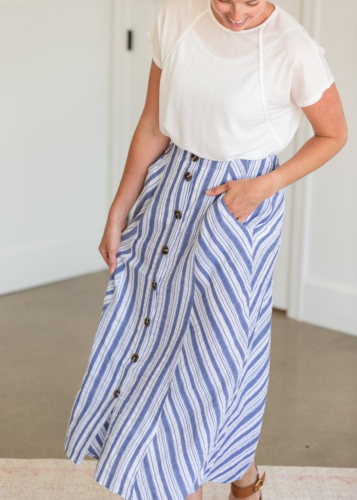 Blue Striped Button Down Midi Skirt - FINAL SALE Skirts