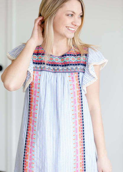 Blue Striped Embroidered Midi Dress - FINAL SALE Dresses