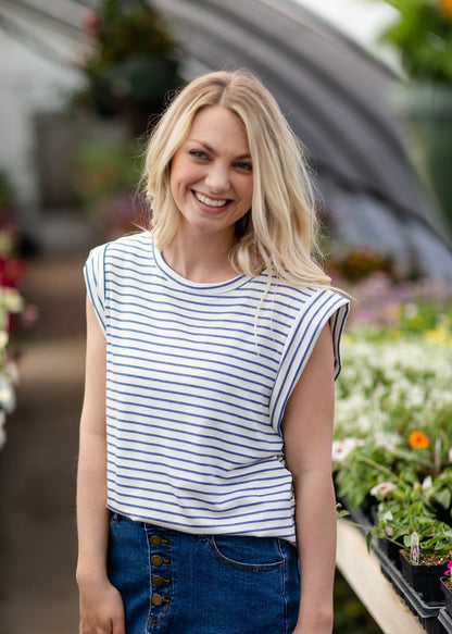 Blue Striped French Terry Top Tops