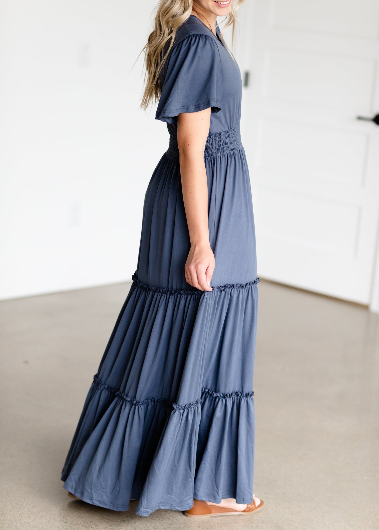 Blue Tiered Cinched Waist Maxi Dress Dresses