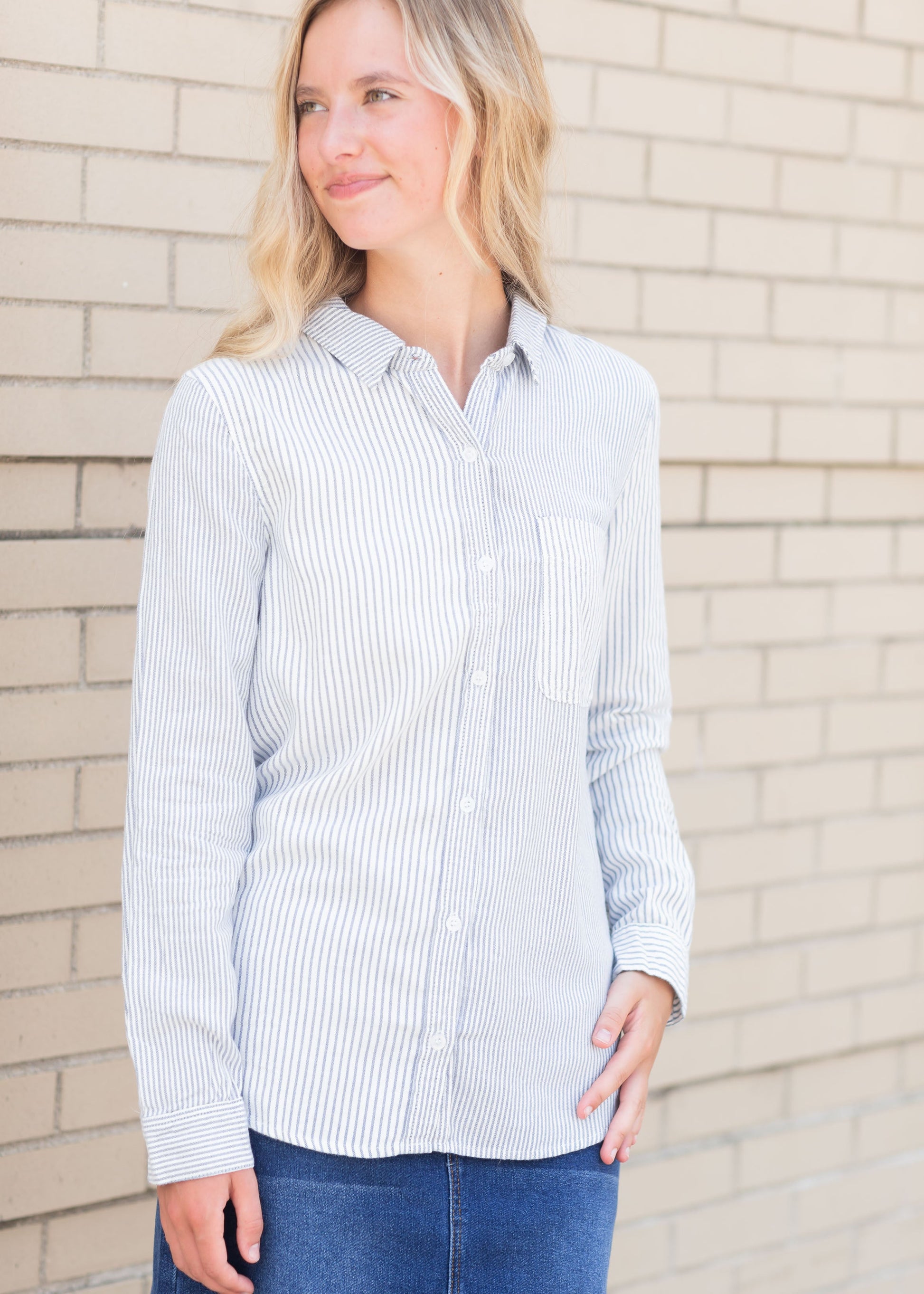 Blue + White Striped Long Sleeve Top Tops