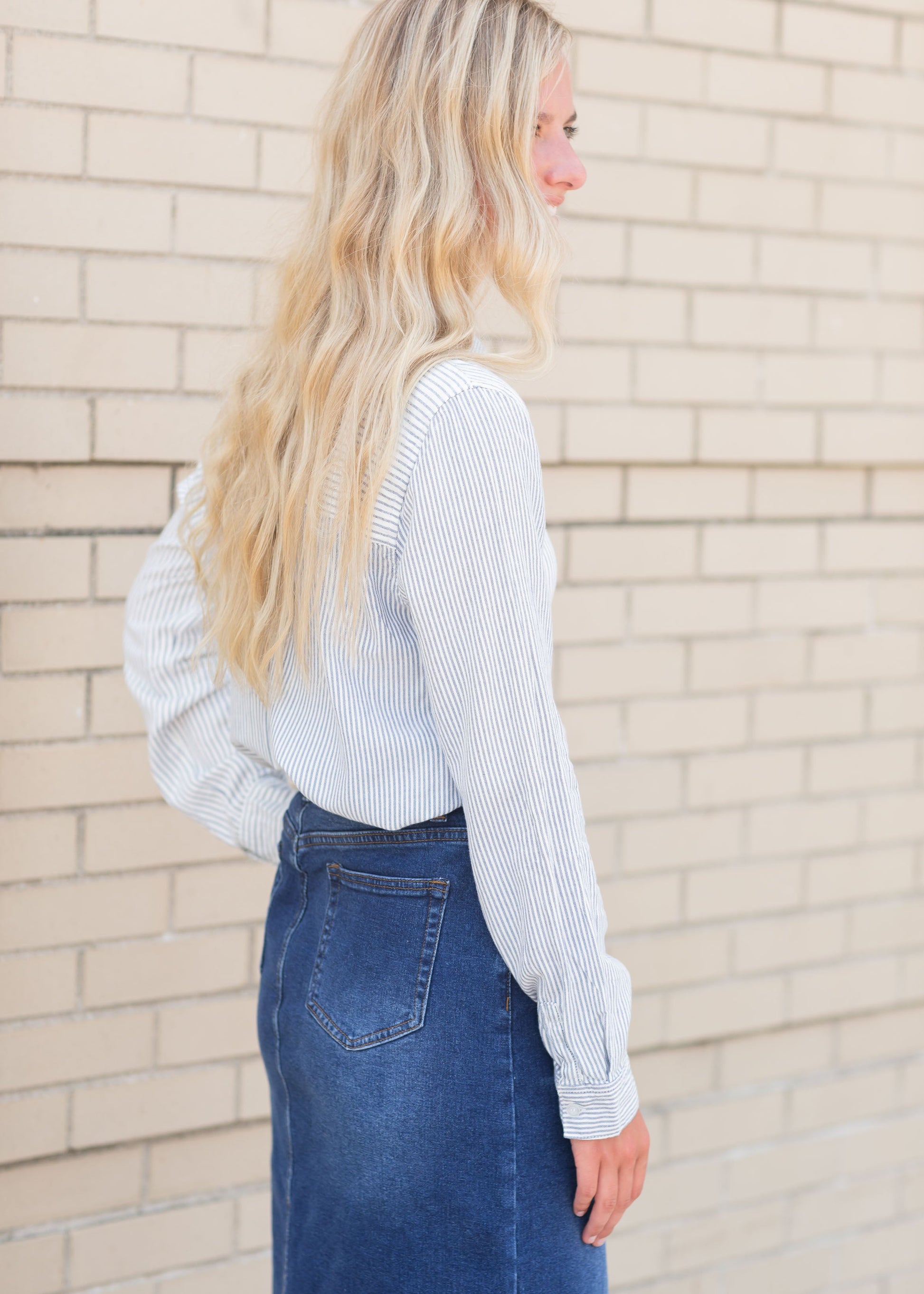 Blue + White Striped Long Sleeve Top Tops
