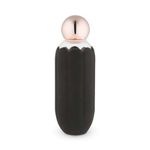 Glass water bottle in a black silicone sleeve. The top screws off and is rose gold in color.