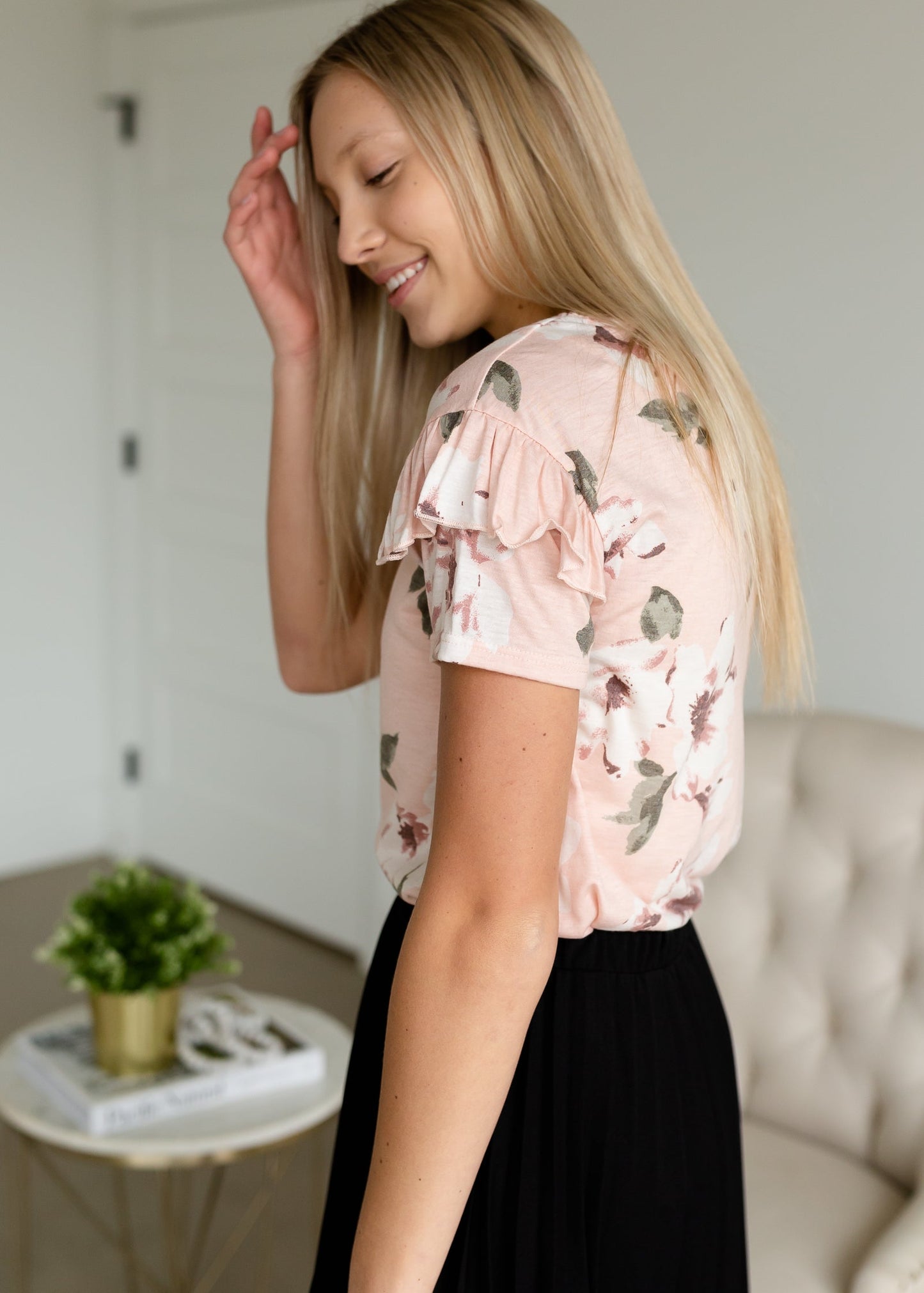 Blush Floral Flutter Short Sleeve Tee Tops