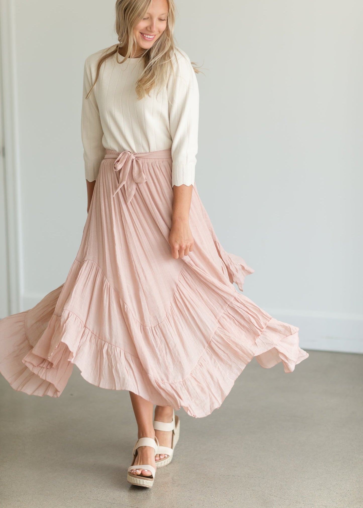 Blush Tie Waist Flowy Midi Skirt Skirts