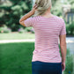 Modest boat-neck and raglan sleeve tee in mauve or teal with white horizontal stripes.