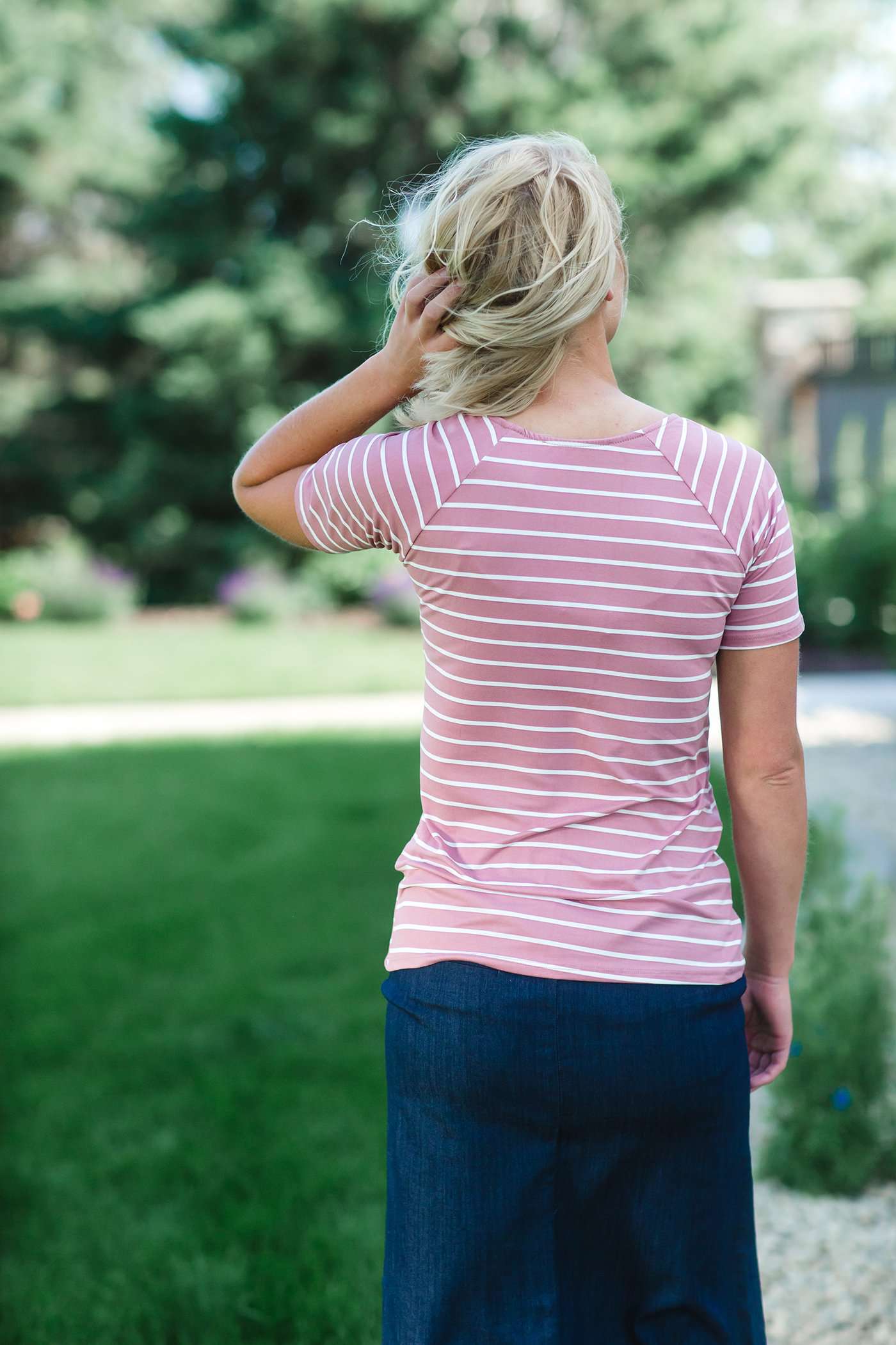 Modest boat-neck and raglan sleeve tee in mauve or teal with white horizontal stripes.