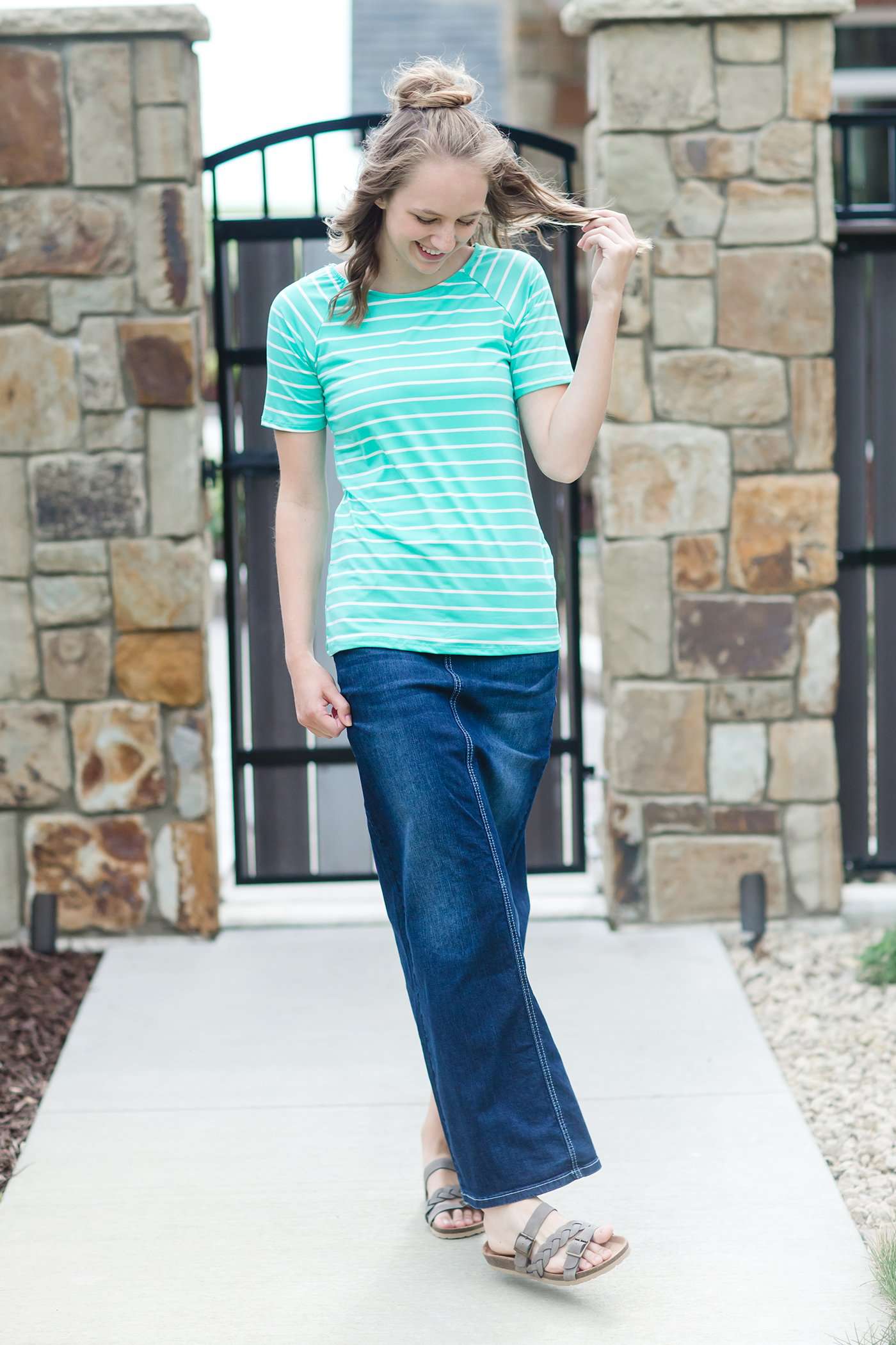 Modest boat-neck and raglan sleeve tee in mauve or teal with white horizontal stripes.