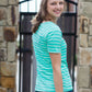 Modest boat-neck and raglan sleeve tee in mauve or teal with white horizontal stripes.