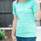 Modest boat-neck and raglan sleeve tee in mauve or teal with white horizontal stripes.