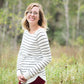 Ivory with thin black striped boatneck long-sleeve shirt.