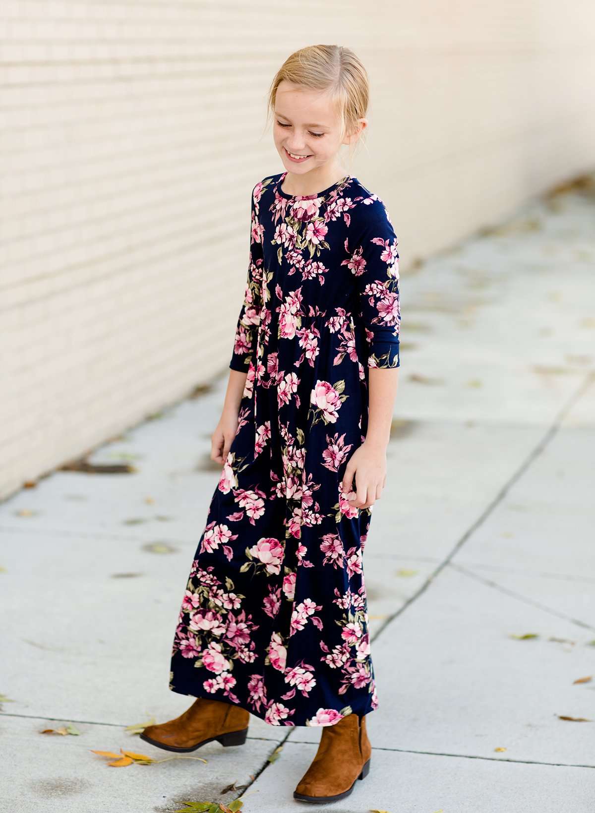 Modest girls and conservative teens navy and floral long sleeve maxi dress