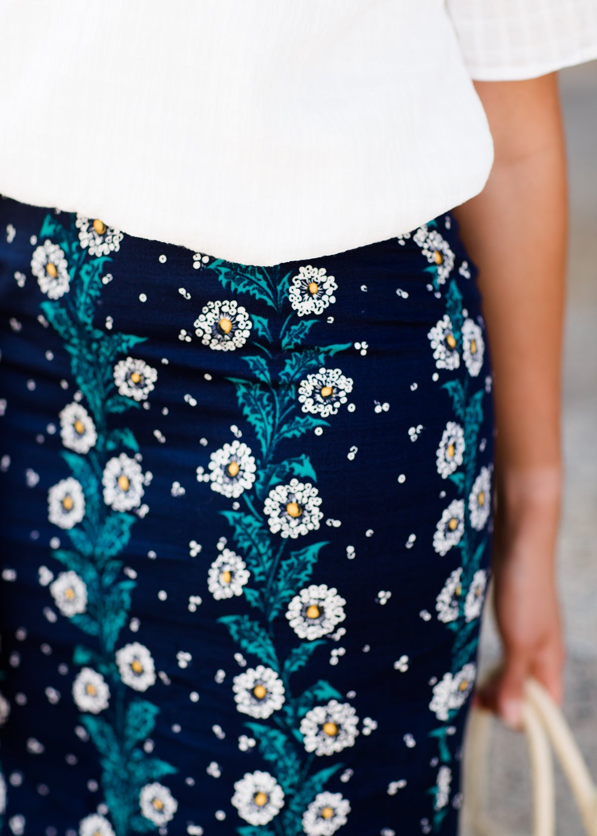 navy, yellow, and blue modest pencil midi skirts