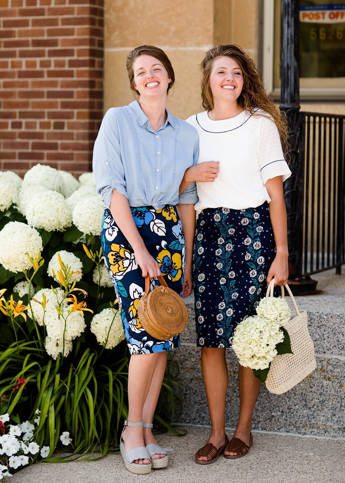 navy, yellow, and blue modest pencil midi skirts