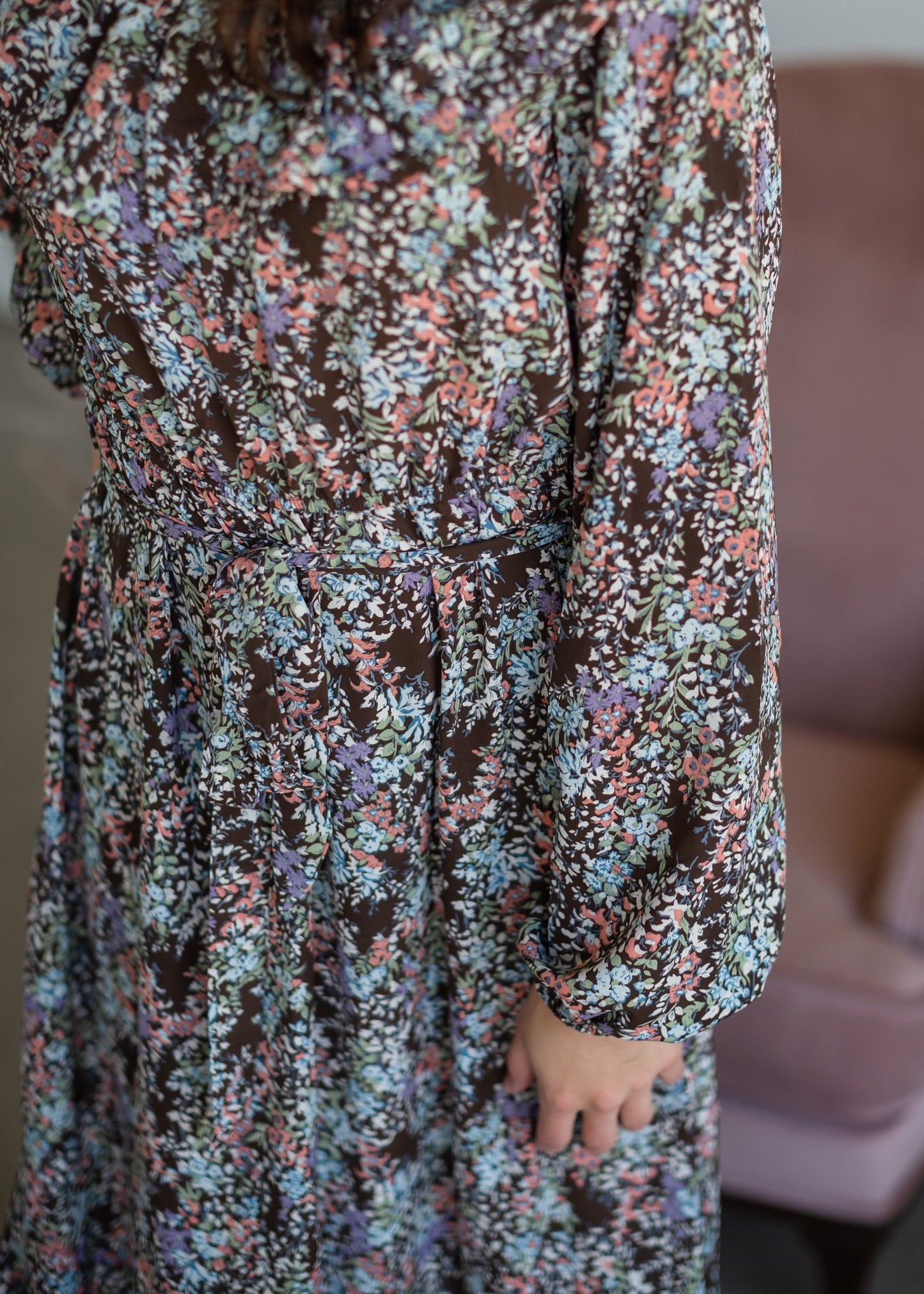 Brown Botanical Print Belted Dress Dresses Hayden