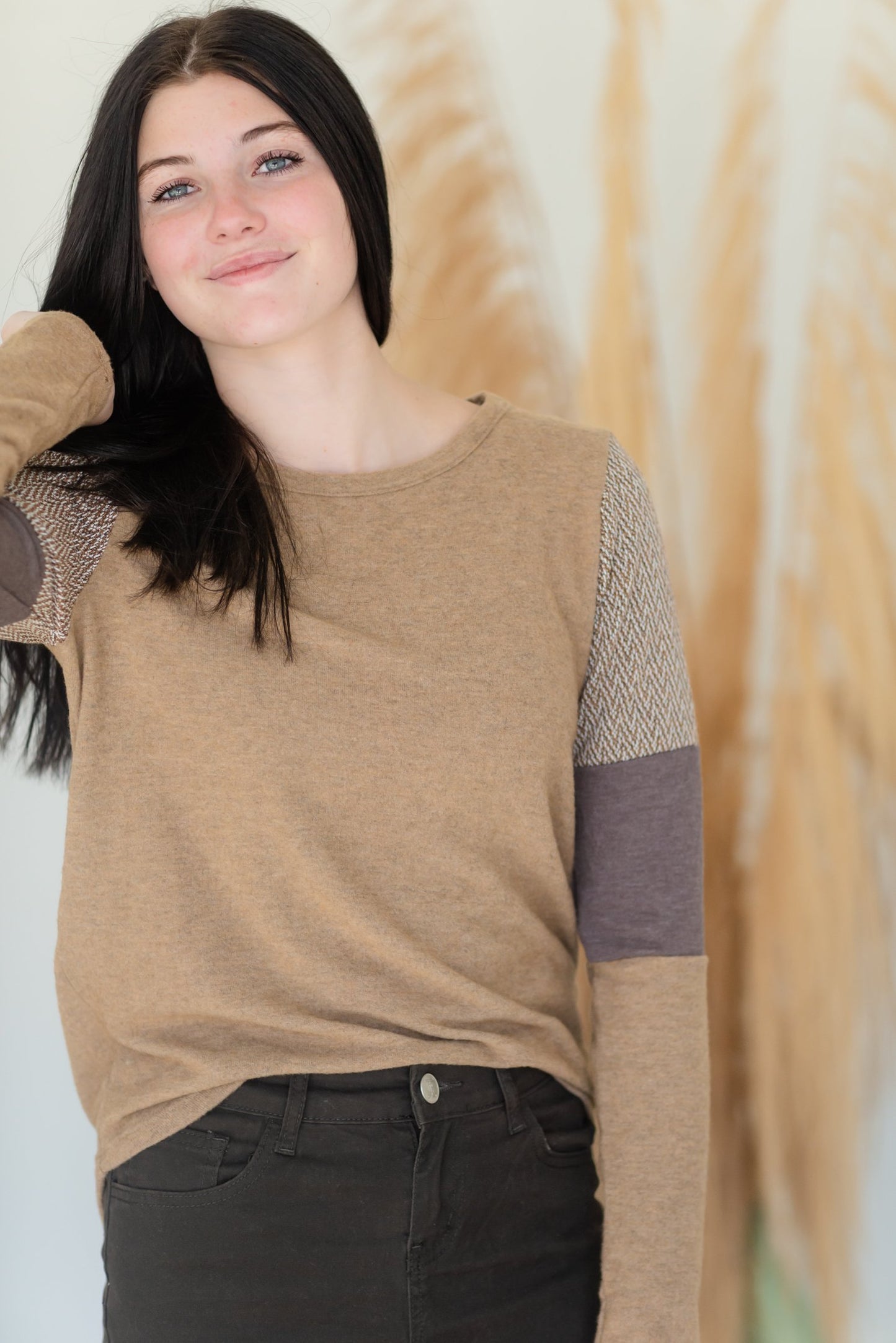 Brown Color Block Long Sleeve Knit Top Tops Staccato