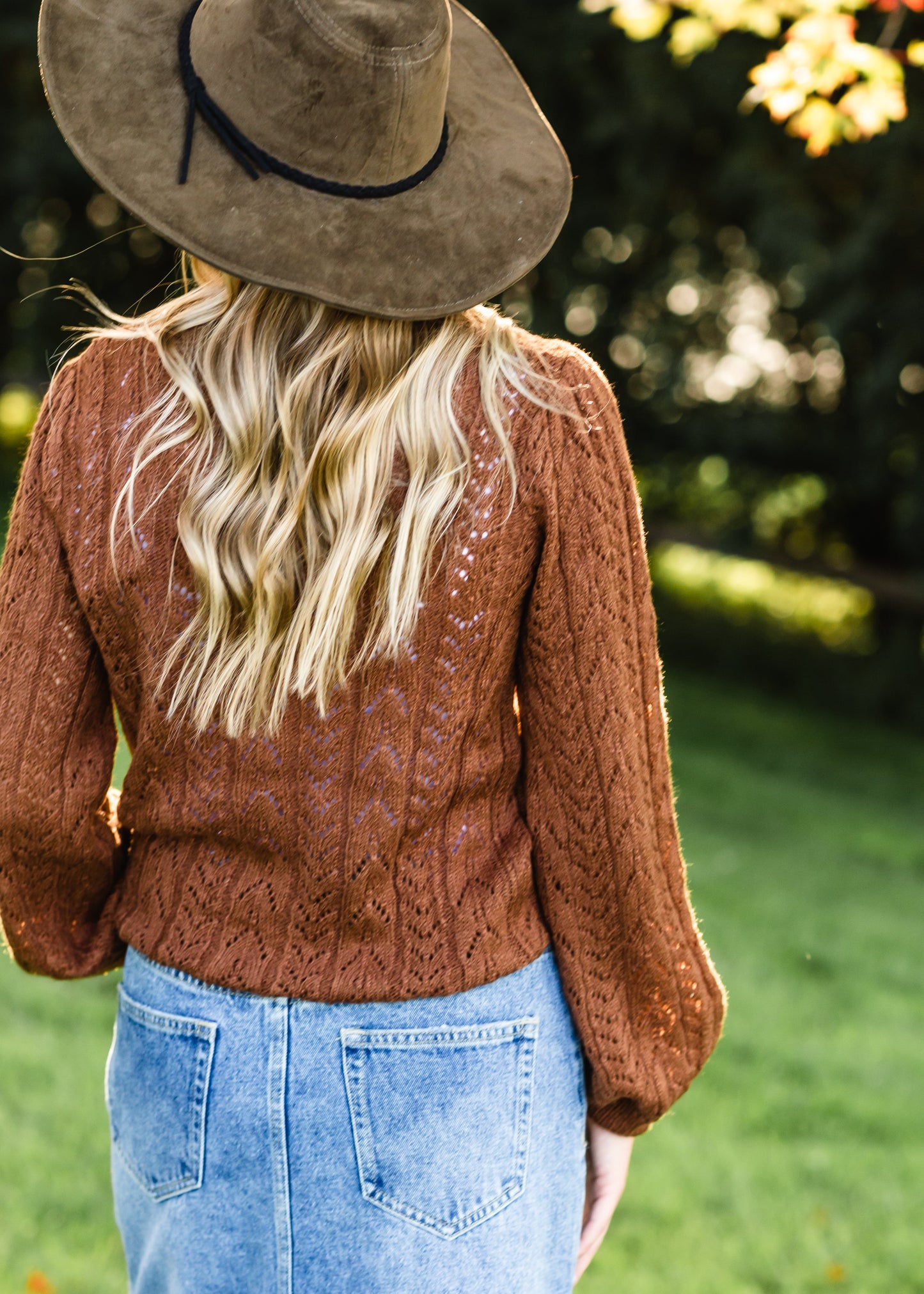 Brown Crochet Bell Sleeve Sweater Tops